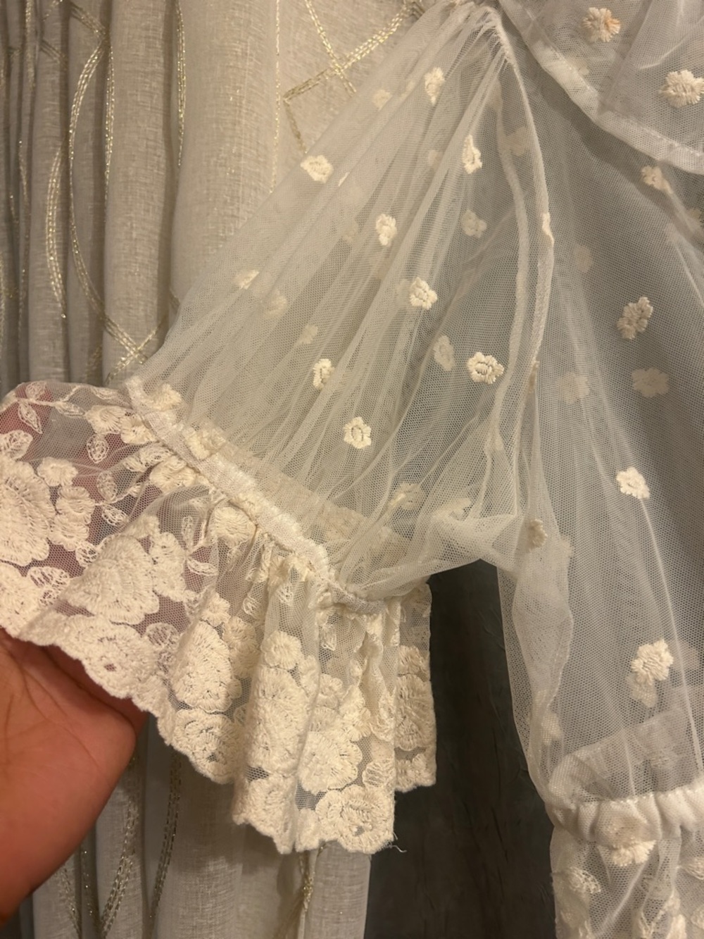 Sheer Ivory Lace Ruffle Tie-Front Blouse - Picture 3 of 6